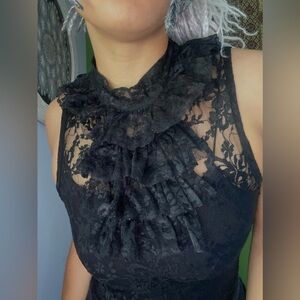 Black lace top with ruffle neck